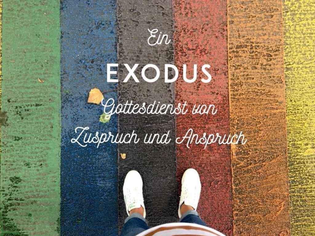 Füße auf gemaltem Regenbogen. Mit Text: Ein EXODUS-Gottesdienst von Zuspruch und Anspruch